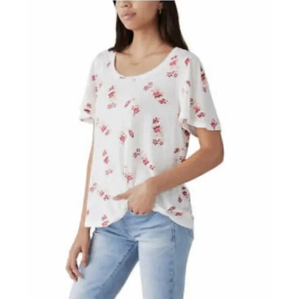 Lucky Brand Ladies Womens Flutter Sleeve Floral Tee NWT